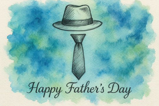 Happy Father Day is joyful celebration of love and appreciation for fathers. This artistic illustration features stylish hat and tie against vibrant watercolor background, symbolizing elegance - Powered by Adobe