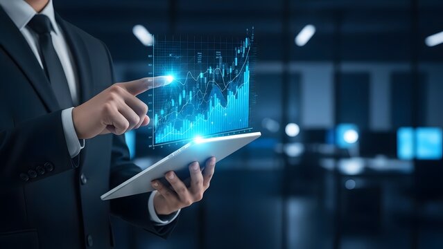 Businessman analyzing glowing futuristic financial stock market data on tablet image - Powered by Adobe