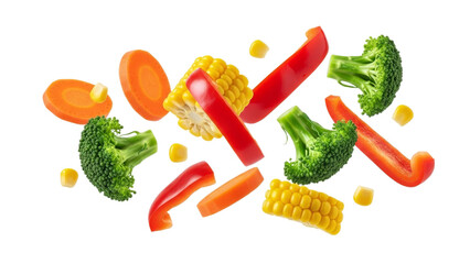 Floating vegetable assortment composition with dynamic movement and isolated elements on pure white backdrop creating visual freshness