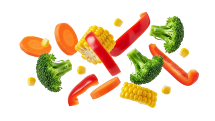 Floating vegetable assortment composition with dynamic movement and isolated elements on pure white backdrop creating visual freshness