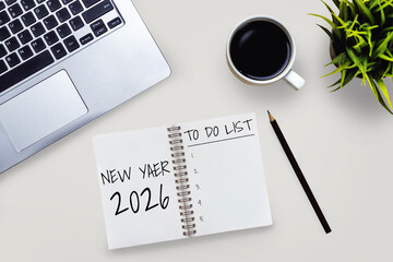 2026 Happy New Year Resolution Goal List and Plans Setting - Business office desk with notebook...