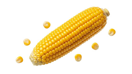 Vibrant and Appealing Close-Up of Fresh Corn on the Cob with Floating Kernels Overhead