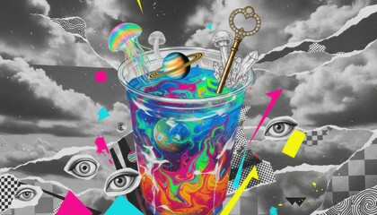 Explore the cosmos with this vibrant, dreamy space drink concept, perfect for modern art projects and surreal designs that ignite the imagination