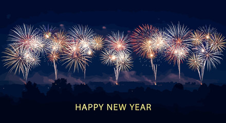 Background Celebrate New Beginnings with Stunning Fireworks Display over Snowy Winter Landscape on New Year's Eve for Festive Holiday Season Greetings