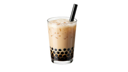 Delicious Refreshment: A Glass of Iced Bubble Tea with Tapioca Pearls on a Clean White Backdrop