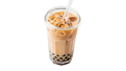 Refreshing boba tea served in a clear glass on a white surface ready to quench your thirst with its appealing texture