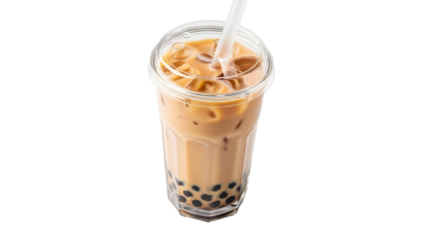 Refreshing boba tea served in a clear glass on a white surface ready to quench your thirst with its appealing texture