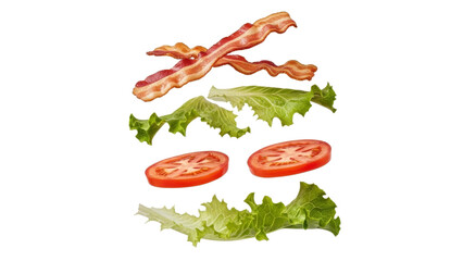 Floating sandwich ingredients creating a dynamic visual composition of crispy bacon, fresh lettuce and ripe tomato slices on a pristine white backdrop