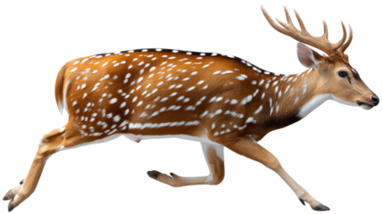 Nimble Deer in Motion: Witness the agile grace of a spotted deer as it bounds across a landscape, a testament to nature's athleticism and the wild spirit of the animal kingdom. 