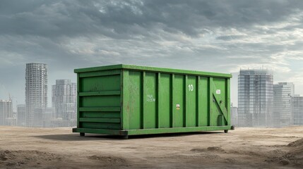 Fototapeta premium Recycling Container in Urban Landscape: A vibrant green recycling container stands prominently in an urban landscape.