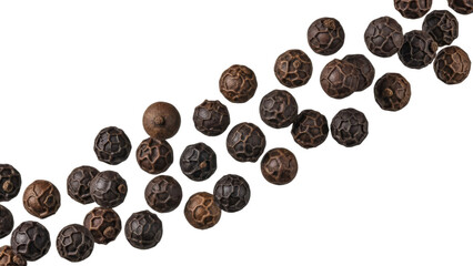 Aromatic black peppercorns arranged diagonally, highlighting their rough texture and natural color variations on white background