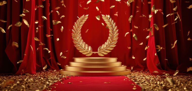 The Gold Laurel Wreath on a Tiered Podium with Red Curtain Backdrop - Powered by Adobe