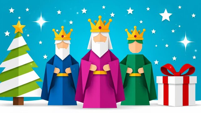 Three wise men or magi in colorful robes with crowns standing by a christmas tree and a gift box under a starry blue sky