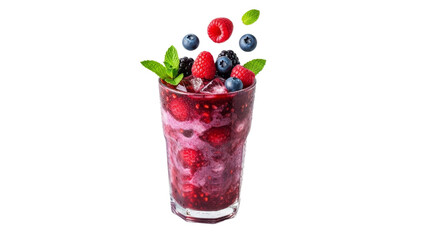 Refreshing mixed berry smoothie with vibrant colors and floating berry garnish displayed against a clean white backdrop