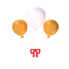 A 3D stylized bunch of three balloons (one white, two gold/orange) tied together with a red bow.