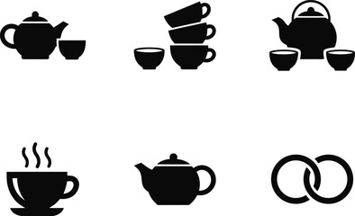 Traditional Teapot, Stacked Cups, Steaming Mug, and Interlocking Rings for Tea Culture