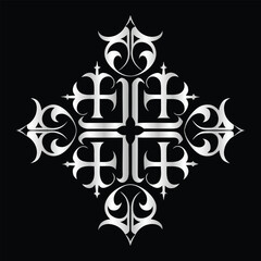 Ornate gothic cross symbol with decorative flourishes on black background