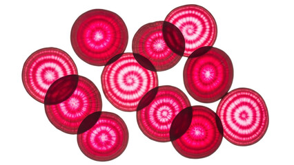 Crimson beet slices offering a visual symphony of concentric circles and vibrant gradients of color on pure white background