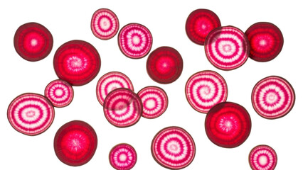 Crimson Beet Slices: A Vibrant Array of Fresh Garden Vegetables on Clean Backdrop for Dietary Awareness and Culinary Arts Presentation