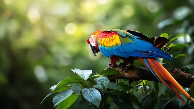 Colorful parrot perched on a branch with lush green foliage