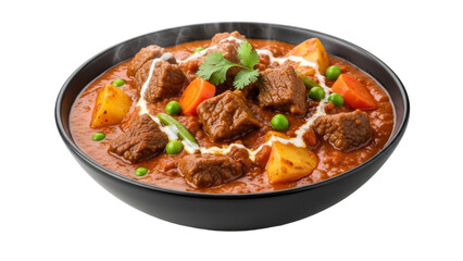 Hearty beef stew in a bowl, garnished with fresh herbs and cream sauce, offering a warm and comforting culinary experience