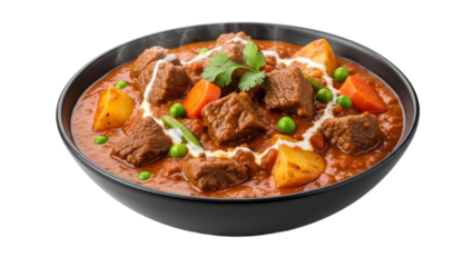 Hearty beef stew in a bowl, garnished with fresh herbs and cream sauce, offering a warm and comforting culinary experience