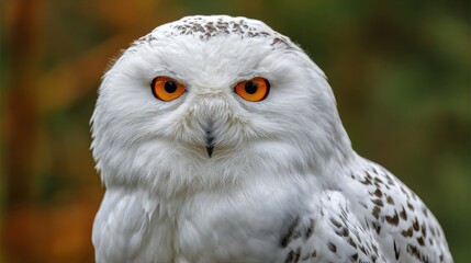 Naklejka premium A snowy owl sits quietly on a branch in a lush forest. Its vibrant orange eyes stand out against its white and gray feathers. The peaceful setting captures the charm of autumn wildlife.
