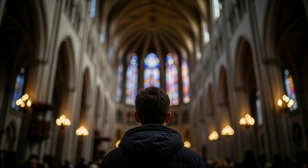 Rear view of a person standing in a grand church, looking towards the altar and stained glass windows.