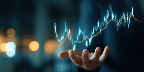 The Hand Holding a Glowing Financial Chart and Stock Market Data Visualization
