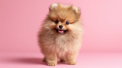 A fluffy pomeranian puppy is playfully standing on a soft pink background. Its small size and joyful expression create an adorable scene perfect for pet lovers.