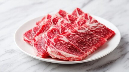 Fototapeta premium Freshly sliced beef ribs are neatly arranged on a white plate. The marbled meat showcases rich red and white colors, perfect for grilling. Ideal for a summer barbecue.