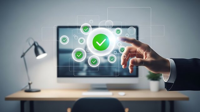Businessman hand interacting with digital interface showing multiple green checkmarks for verification and approval - Powered by Adobe