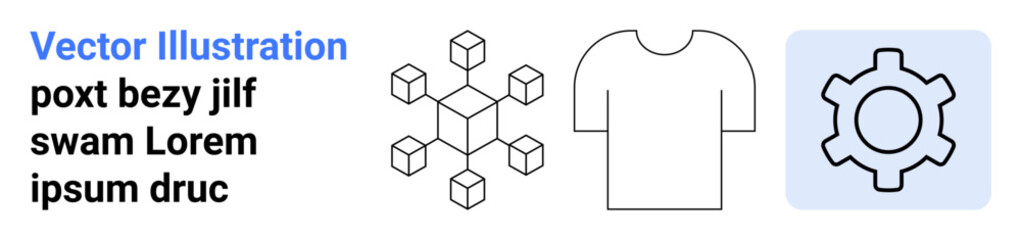 Geometric cube grid, T-shirt outline, and gear symbol in minimalistic style. Ideal for technology, design, fashion, innovation, creativity, education branding simple landing page