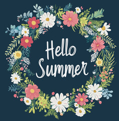 Vector wreath of flowers. Flat illustration. "Hello Summer". Invitation, greeting card