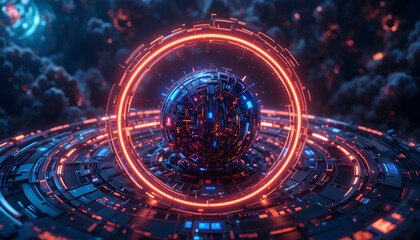 Stunning abstract digital sphere radiates powerful energy within glowing futuristic neon technological rings