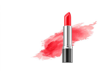 Red lipstick with a shiny black and silver casing stands upright against a white background.