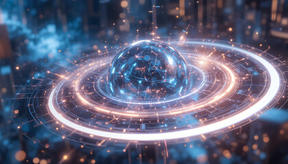 Stunning glowing digital sphere with orbiting light rings representing global data flow and futuristic network connections