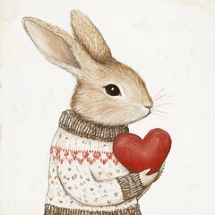 Adorable Bunny in Knitted Sweater with Red Heart