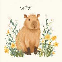 Adorable Capybara Enjoying Springtime Blossoms