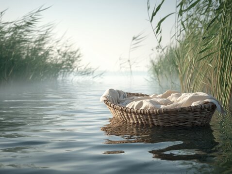 Basket Floating on River Among Reeds &ndash; Baby Moses Story Concept