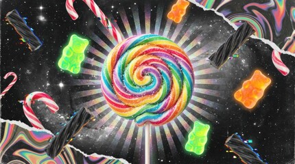 Cosmic candy explosion with rainbow lollipop, candy canes, licorice, and gummy bears against a starfield background for a fun, vibrant design element
