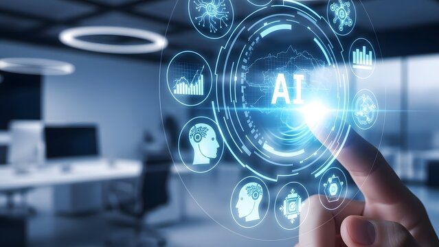 Finger touching AI interface with circular icons and data visualizations artificial intelligence - Powered by Adobe