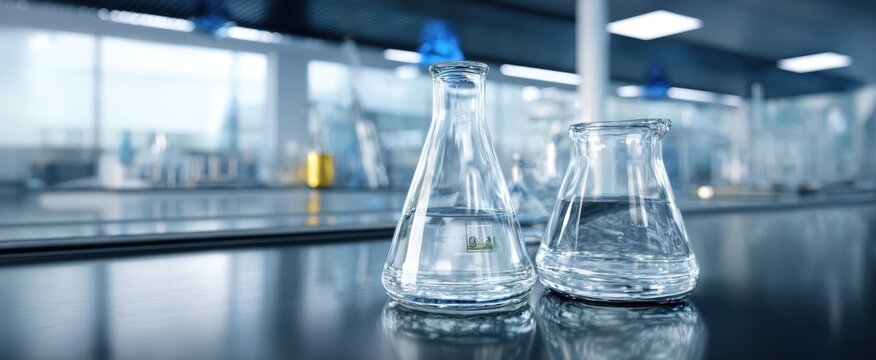The Erlenmeyer flasks on a reflective laboratory benchtop in modern research facility - Powered by Adobe