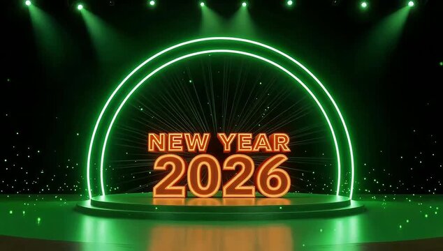 Dynamic New Year 2026 countdown opener with vibrant neon stage lights and futuristic particle effects for celebration openers