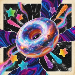 Indulge in the cosmic sweetness of this galaxy donut art, perfect for vibrant dessert promotions, fun bakery ads, or eye-catching social media treats