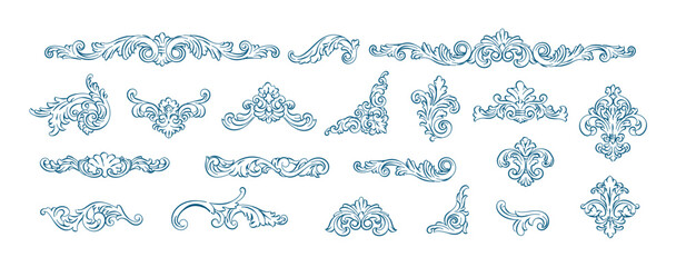 Whimsical hand-drawn vintage Baroque Victorian border, corners, frame. Drawing art Intricate baroque ornament, Decorative floral design elements engraving style