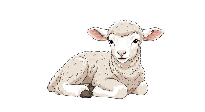 Adorable detailed illustration of a cute baby lamb with white woolly fleece lying down peacefully on a clean white background.