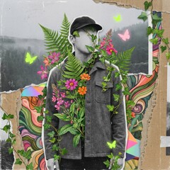 Surreal botanical art featuring a person in a cap with vibrant flowers, ferns, and ivy creating a whimsical nature inspired aesthetic for creative projects