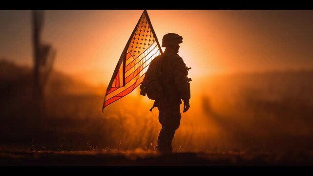 Silhouette of a veteran standing proudly with an American flag waving behind them, golden hour lighting, cinematic tone.