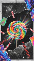 Indulge in colorful candy swirls against a cosmic backdrop, a vibrant treat that sparks joy and wonder, perfect for sweet cravings and playful designs